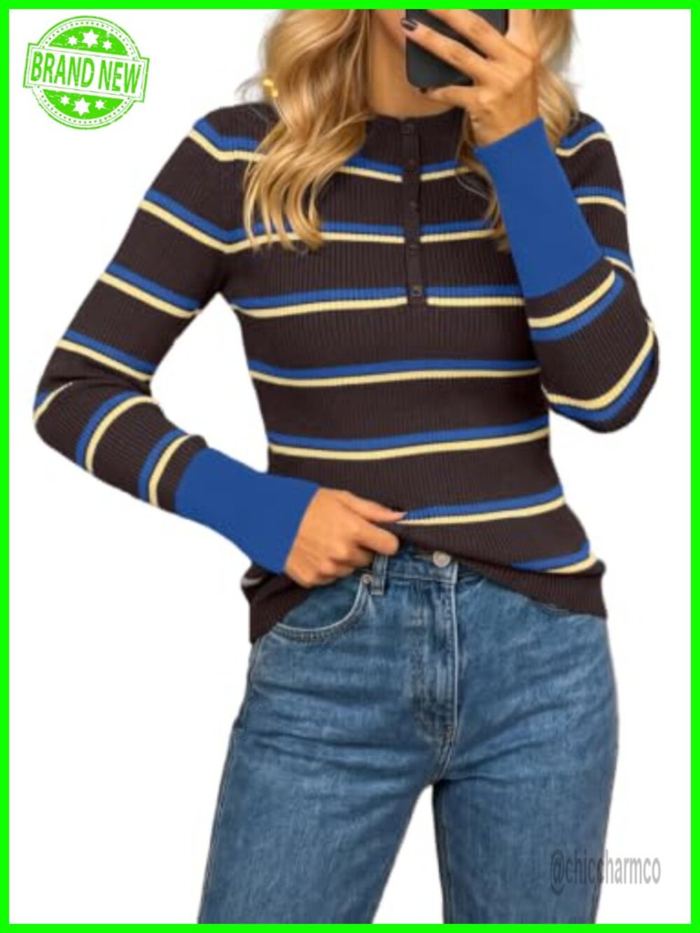 Striped Turtleneck Slim Fit Sweater Long Sleeve Pullover Stretch Ribbed Knit